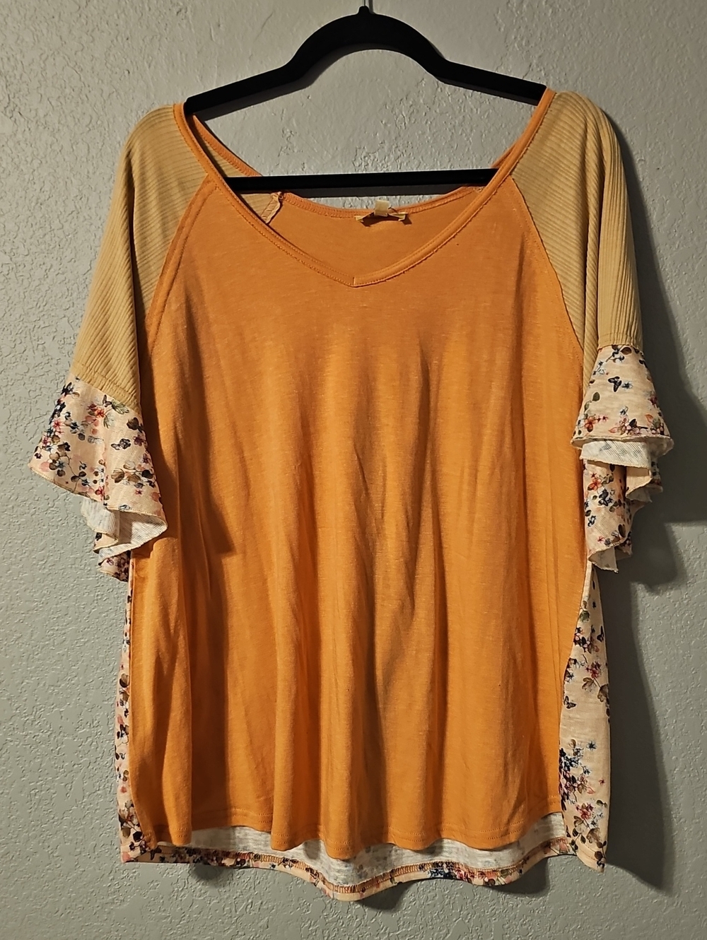 Kori Tan And Peach V-Neck Tunic with Floral Ruffle Sleeves